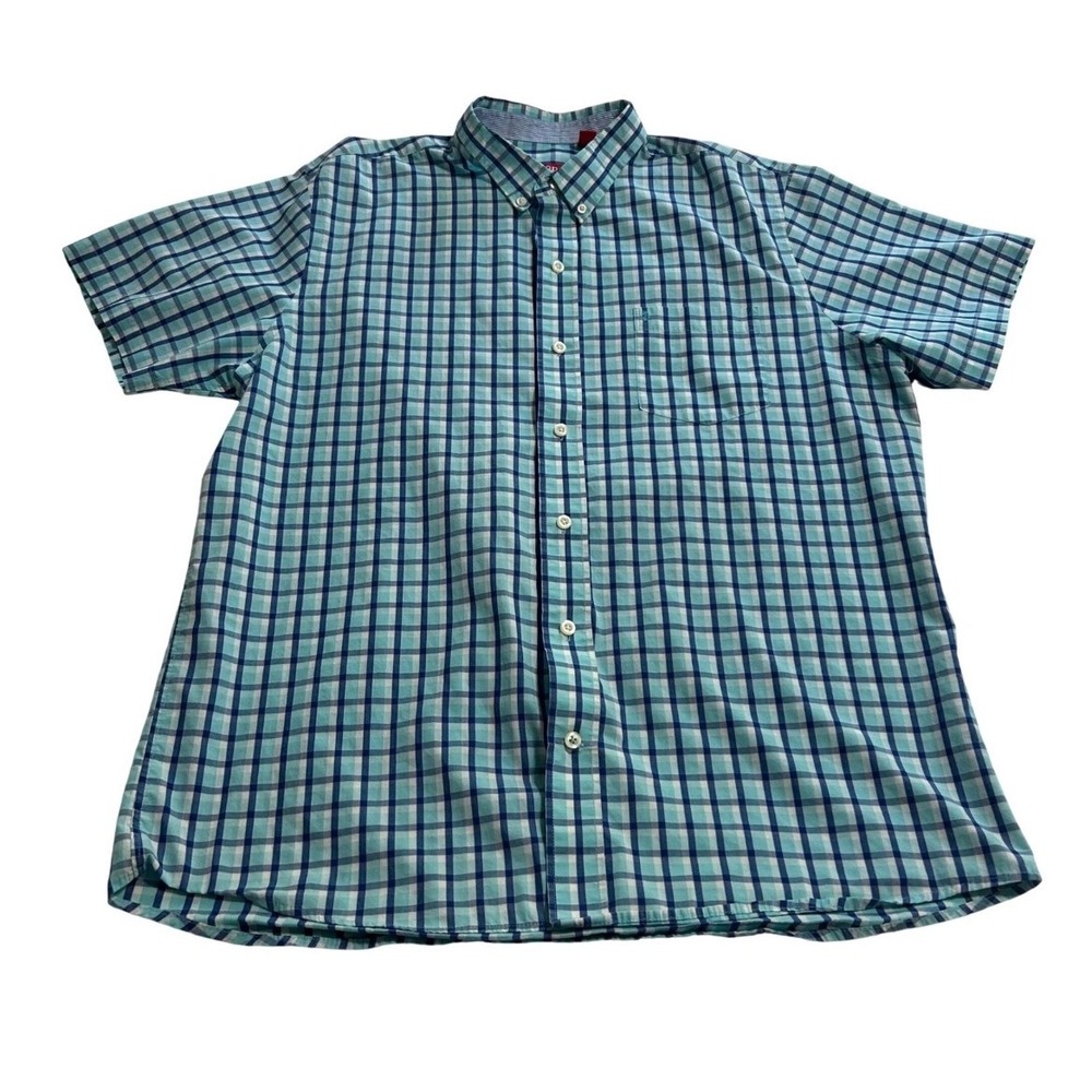 IZOD Mens XL Short Sleeve Button Down Shirt Teal Blue Plaid Check Cotton Blend